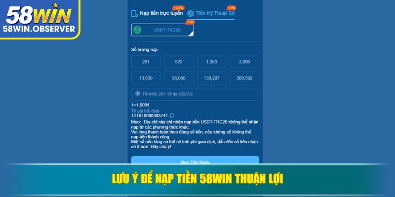 Lưu ý để nạp tiền 58WIN thuận lợi